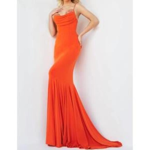 NEW JOVANI beaded cowl neck prom dress in orange - Picture 3 of 3
